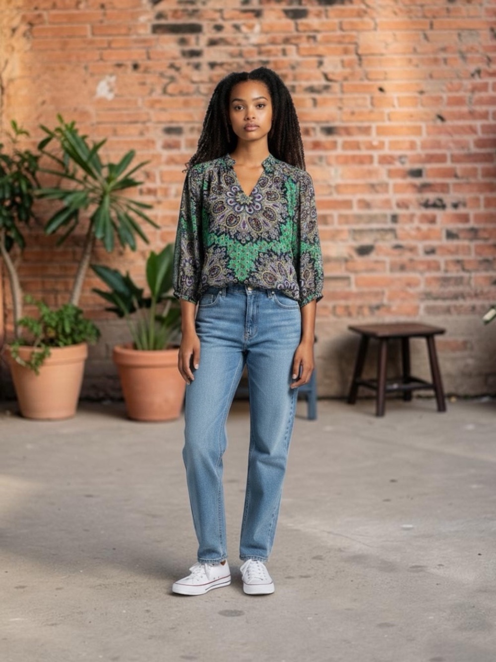 Tulle Paisley V-Neck Blouse in Green and Navy